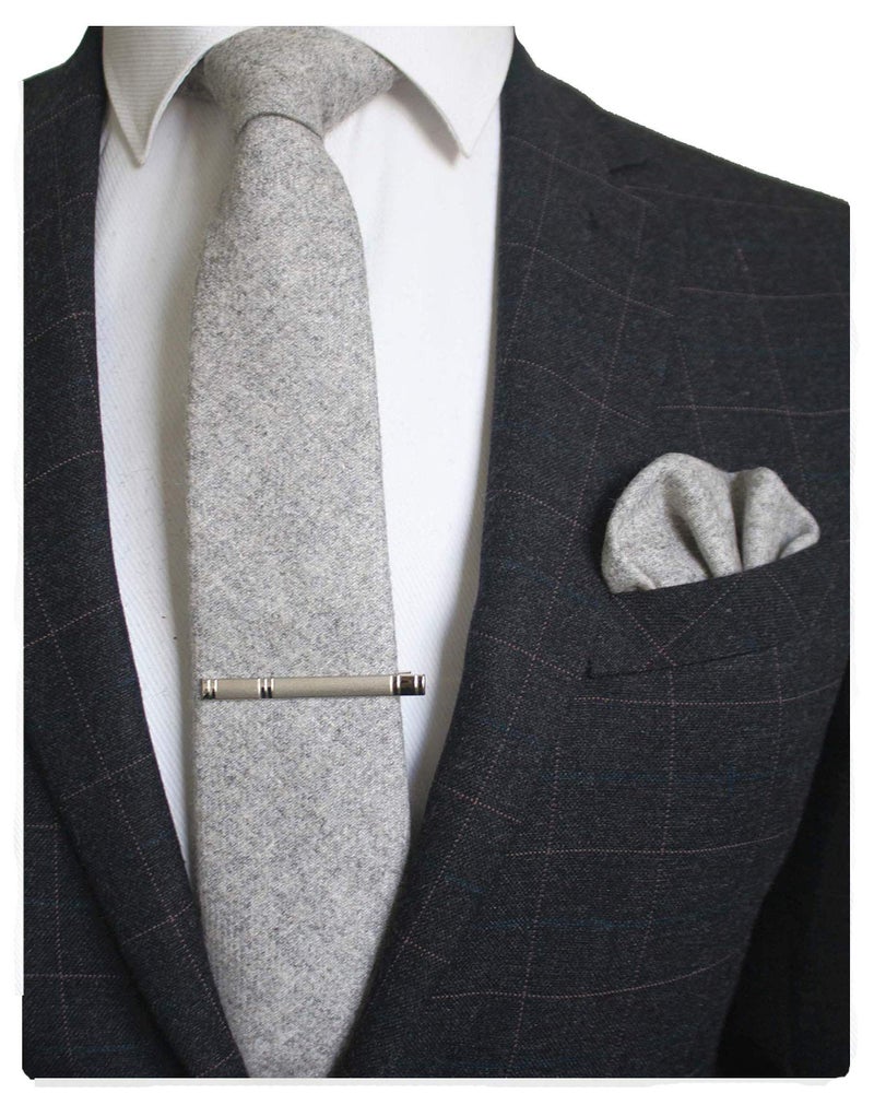 JEMYGINS Gray Cashmere Wool Necktie and Pocket Square, Hankerchief and Tie Clip Sets for Men (6) - Image 1